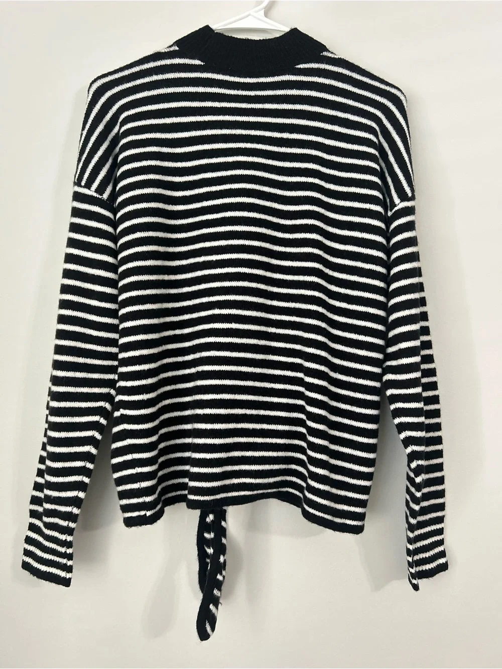 NWT LOFT Womens Sweater Black White Striped Pullover Wool Mock Neck Front Tie S